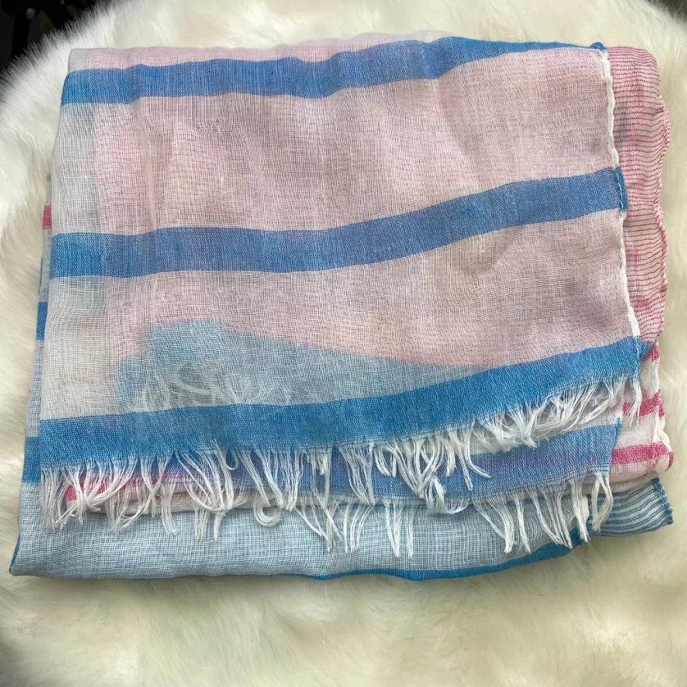 White, Pink & Blue Striped Fringe Scarf 100% Polyester 70